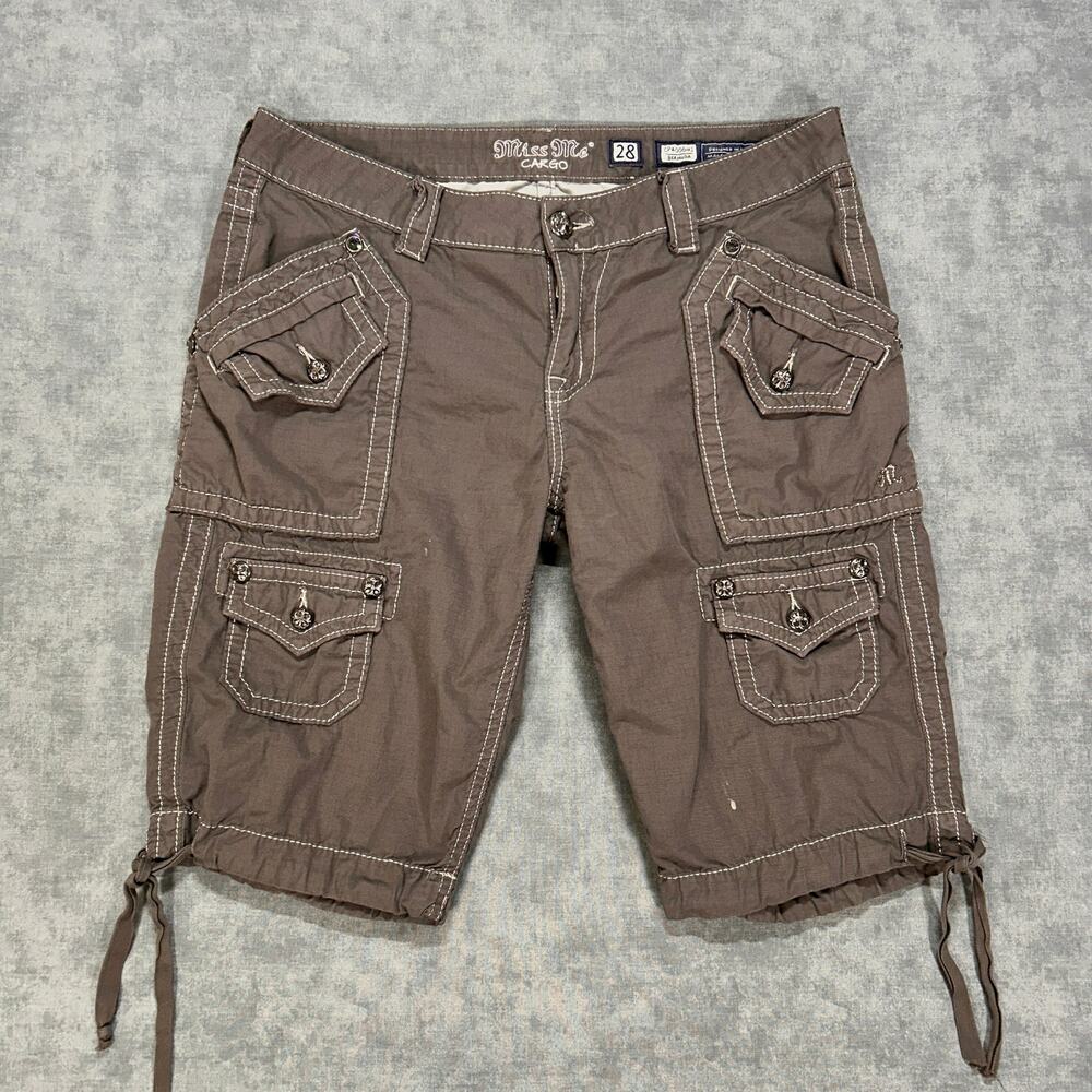 Y2K Miss Me Cargo Bermuda Capris Gray Rhinestone Wing Embroidered Womens Size 28